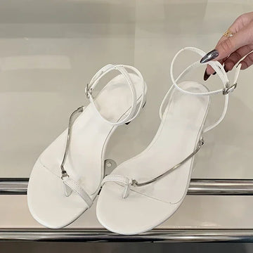 Xajzpa Summer Fashion Clip Toe Sandals Women Buckle Strap Thin Low Heels Chain Narrow Band Silver Party Dress Shoes